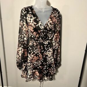 Lulus wrap dress, size medium, black with pink floral